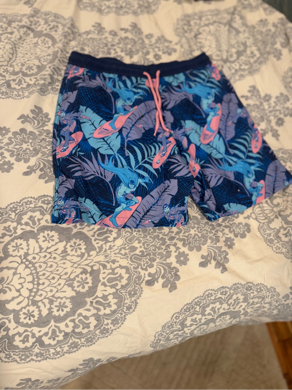 Tropical/Batman Print Swim Trunks - Blue with Pink Accents from Target